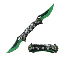 12.5" DARK FANTASY BLADES SKULL PRINTED SPRING ASSISTED TWIN FOLDING KNIFE GREEN