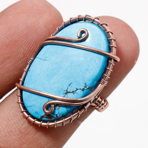 Tibetan Turquoise Gemnstone Ring Handmade Gift Wire Wrap Copper Jewelry 6.75" r1