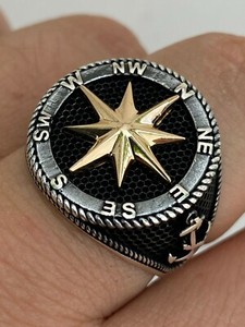 Authentic Real 14k Gold Plated Real Solid 925 Sterling Silver Anchor Sailor Compass Ring