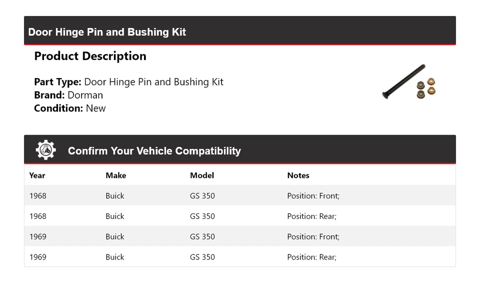 Kit de pasador y buje de bisagra de puerta Dorman para Buick GS 350 1968-1969 Foto 2 de 4