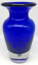 Hand Blown Glass Vase Cobalt Blue Clear Bottom w/Large Controlled Bubble 7.5"