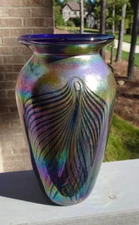 Studio Cased Art Glass Blue Iridescent Peacock Pulled Feather Oil Spot Vase