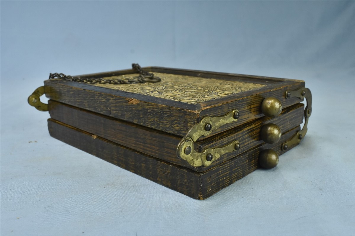 Antique 1800s TRI FOLD OAK SHAVING MIRROR BEVELED TOOLED LEATHER