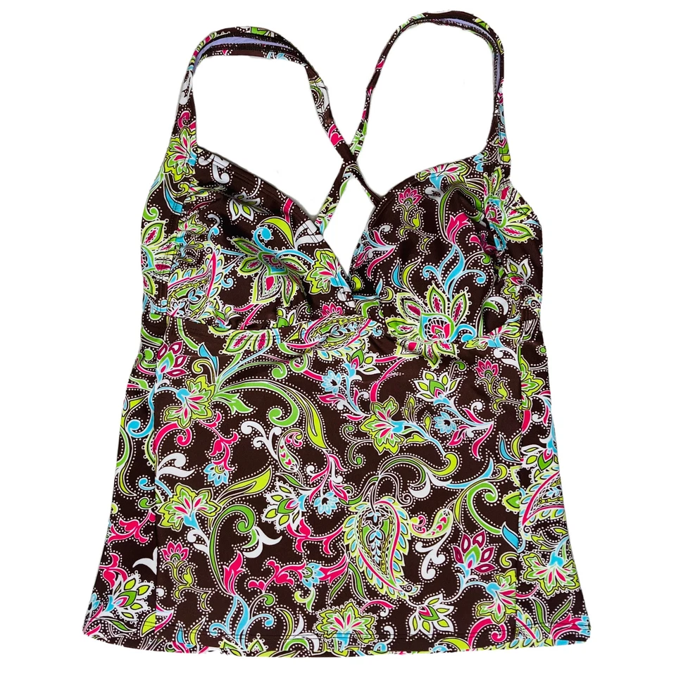 Athleta Tankini Top Brown Paisley Padded Wired Bra Adjust Straps Size 34D - Image 2 of 4