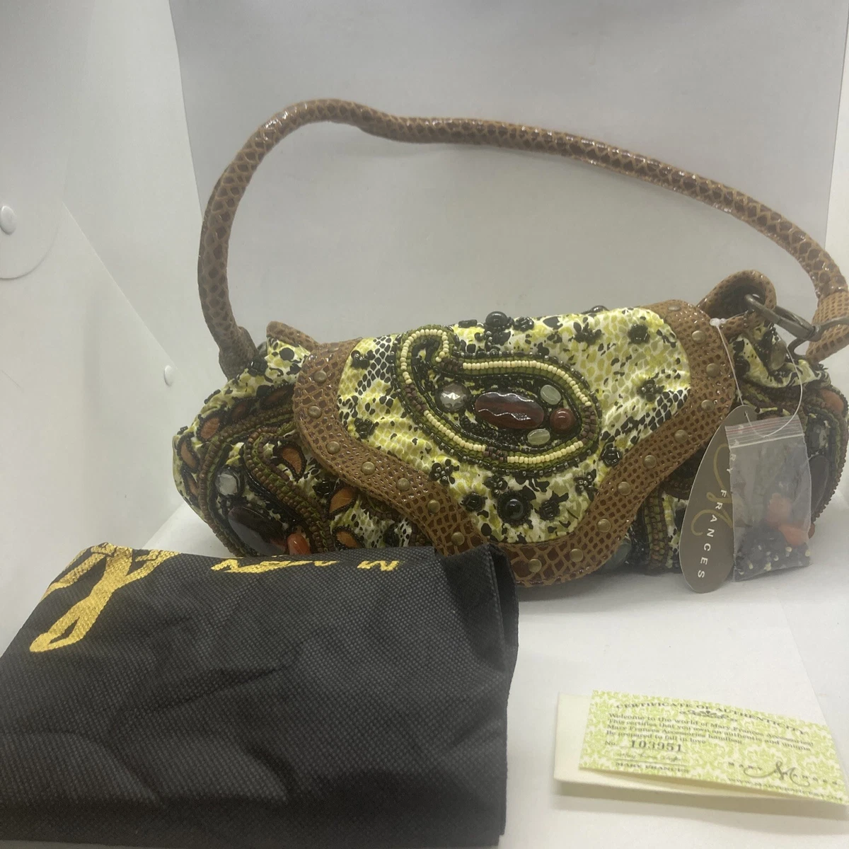 Rare Mary Frances Paisley Beaded Stones Studded Snake Shoulder Bag