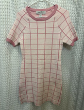 Liquorish Pink Beige Check Knit Bodycon Pencil Dress Crew Neck Short Sleeve US 6