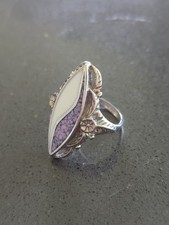 Vtg Southwestern Silver Tone Ring Abalone Purple Stone Inlay Sz 8.25 F139