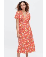 uniqlo Size L PRINTED V NECK SHORT SLEEVE FLARE DRESS Red Yellow Mix