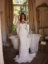 Mermaid Fully Lace Wedding Dress With Cape Pearls Appliques Bride Bridal Gown