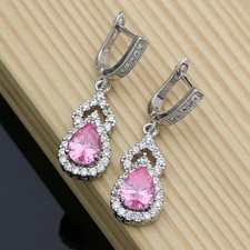 925 Sterling Silver Pear Pink CZ Dangle Drop Fashion Earrings