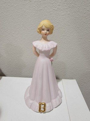 Enesco Growing Up Birthday Girls ''13'' Porcelain Figurine Blonde Girl Pink Dress