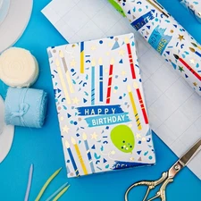 Blue Birthday Wrapping Paper for Boys - 17 Inch X 33 Feet - Foil Gift Wrap wi...