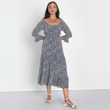 Lulus Womens Blissful Sweetie Navy Blue Paisley Tiered Cutout Midi Dress Size XS