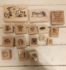 Lot of Wood Mounted Rubber Ink Gardening Stamps - Set of 16