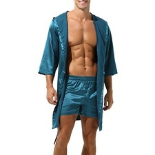 Men Hooded Loose Satin Silk Bathrobe Pajamas Sleepwear Gown Bath Robe Nightwear