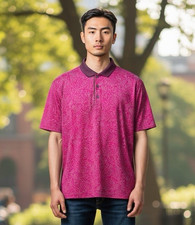 Greyson Golf Men's L Ribbed Trim Polo Shirt Pink Silver Wolf Print EUC