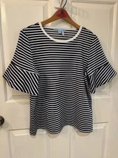 Draper James Sadler Striped Tulip Sleeve Top Navy White Nautical ~ Size L