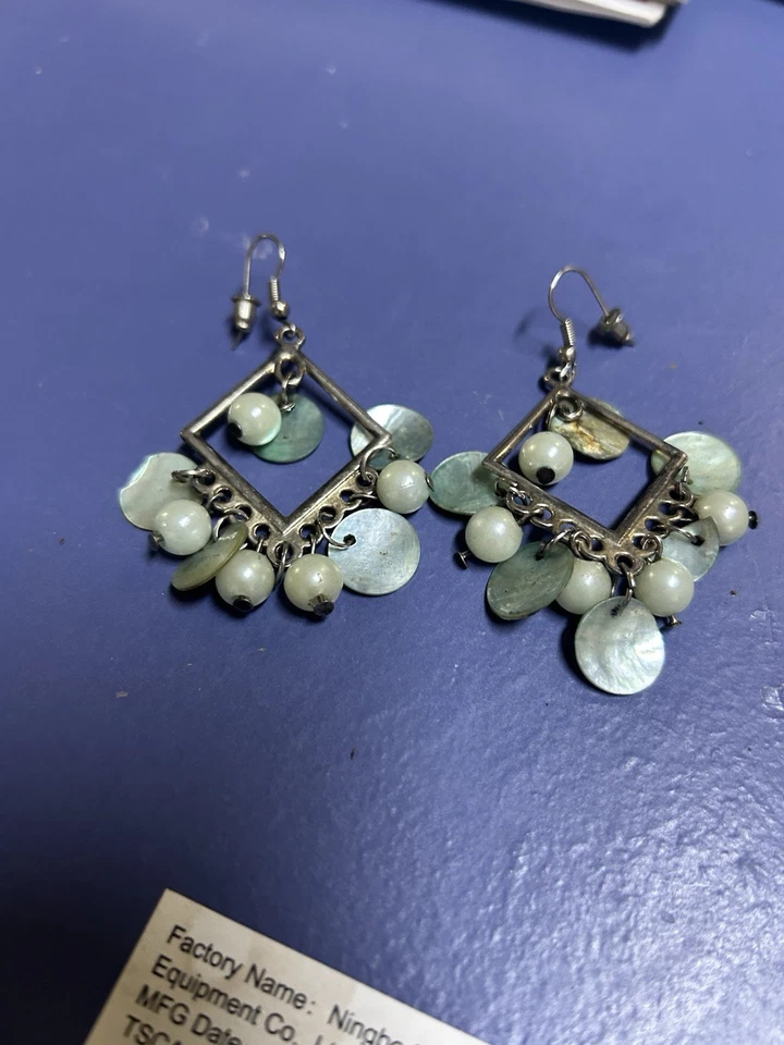 Dangle Earrings With Mother Of Pearl Shell Disc & Imitation Pearls - Image 3 of 4