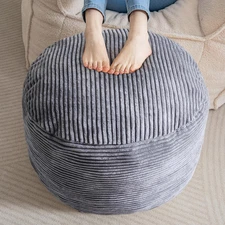 round Stuffed Pouf Ottoman, Corduroy Poufs with Foam Chunk Filling, Furry and Fl