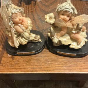 Set of 2 Fairy Figurines with Gold Wings, Flower Accents, Black Base