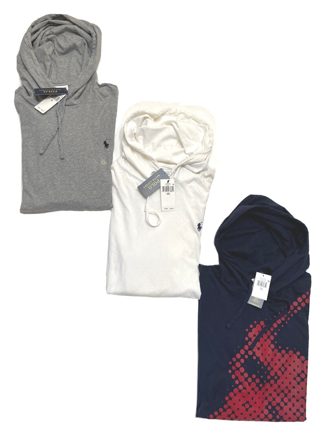 Polo Ralph Lauren top con cappuccio manica a L massello o blu navy con pony a macchie rosse; XL 2XL