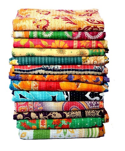 Indian Handmade Throw Cotton Blanket Kantha Gudri Vintage Old Sari Kantha Quilt - Picture 2 of 6
