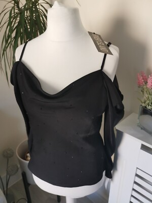 River Island Black Satin Diamante Cold Shoulder Top UK