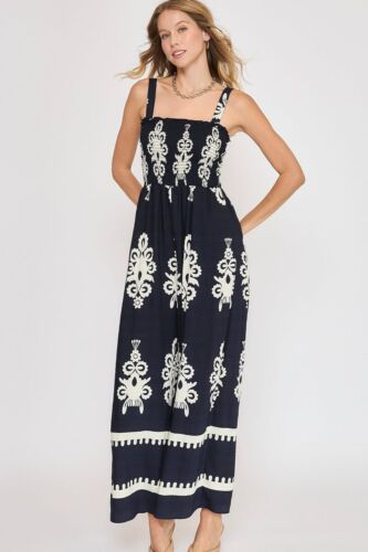 Smocked Wide Leg Jumpsuit Plus Size Printed Viscose Blend