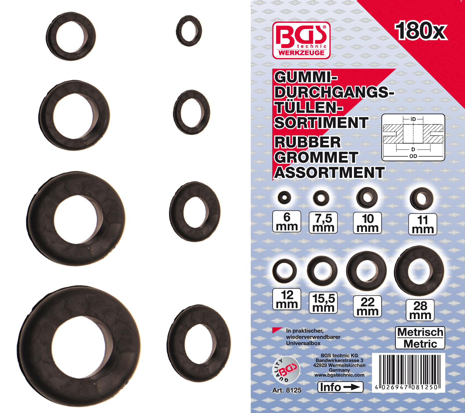 BGS - Rubber Grommet Assortment - Ø 8 to 26 mm x 180 Pcs - 8125