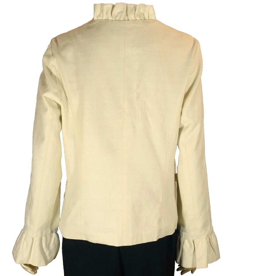 DIÁLOGO~¡COMO NUEVO!!~BLAZER DE ALGODÓN AJUSTADO TEJIDO TEXTURIZADO MARFIL CREMOSO RIBETE CON VOLANTES-M Foto 2 de 4