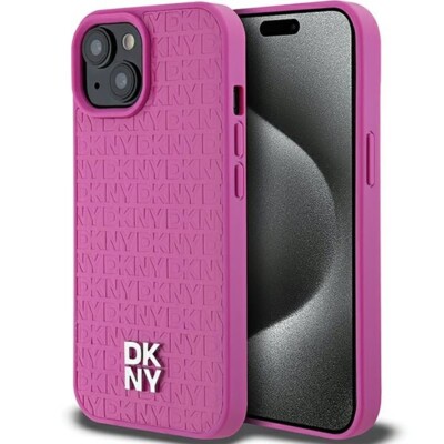 DKNY Pattern Metal Logo Case für iPhone 15 mit MagSafe - Pink