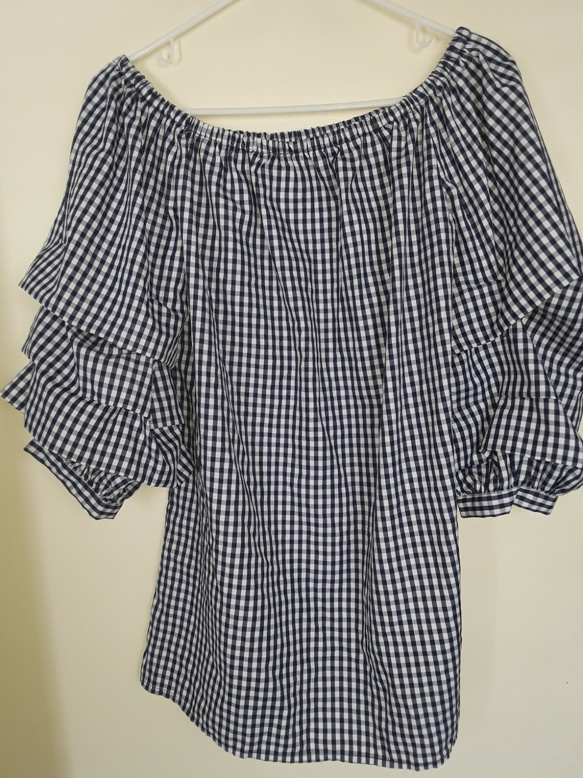 Blue White Plaid Boho Blouse with Ruffle Sleeves Size M