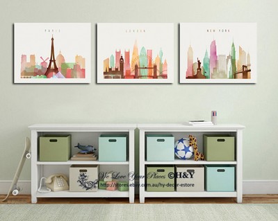Set Of 3 City View Stretched Canvas Prints Framed Wall Art Office Decor