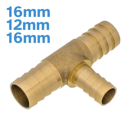 Brass 16mm - 12mm - 16mm 3 Way Barbed Tee Splitter Fitting Tubing Hose Connector