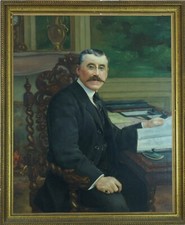 Beautiful Antique Interior Painting Portrait Of A Notable Man At His Desk