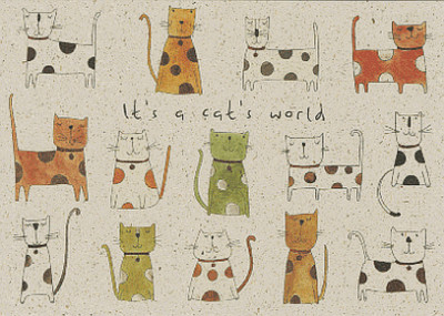 POSTKARTE / BUNTE KÄTZCHEN / IT'S A CAT'S WORLD / GRASPAPIER