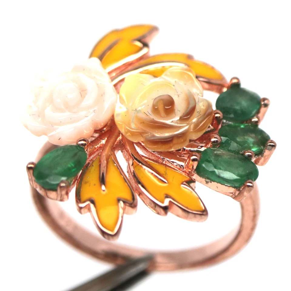 925 Sterling Silver White - Yellow Mother Of Pearl & Emerald Ring Size 6 - Image 2 of 4