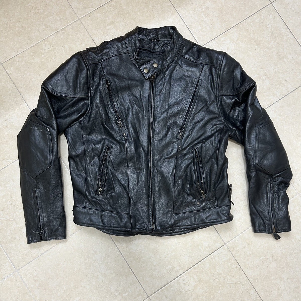 Xelement Retro Black Leather Motorcycle Biker Jacket Zip Out 