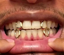 4 Open Face Grillz 14K Gold Plated Hip Hop Single Tooth Teeth Cap Set w Mold Kit