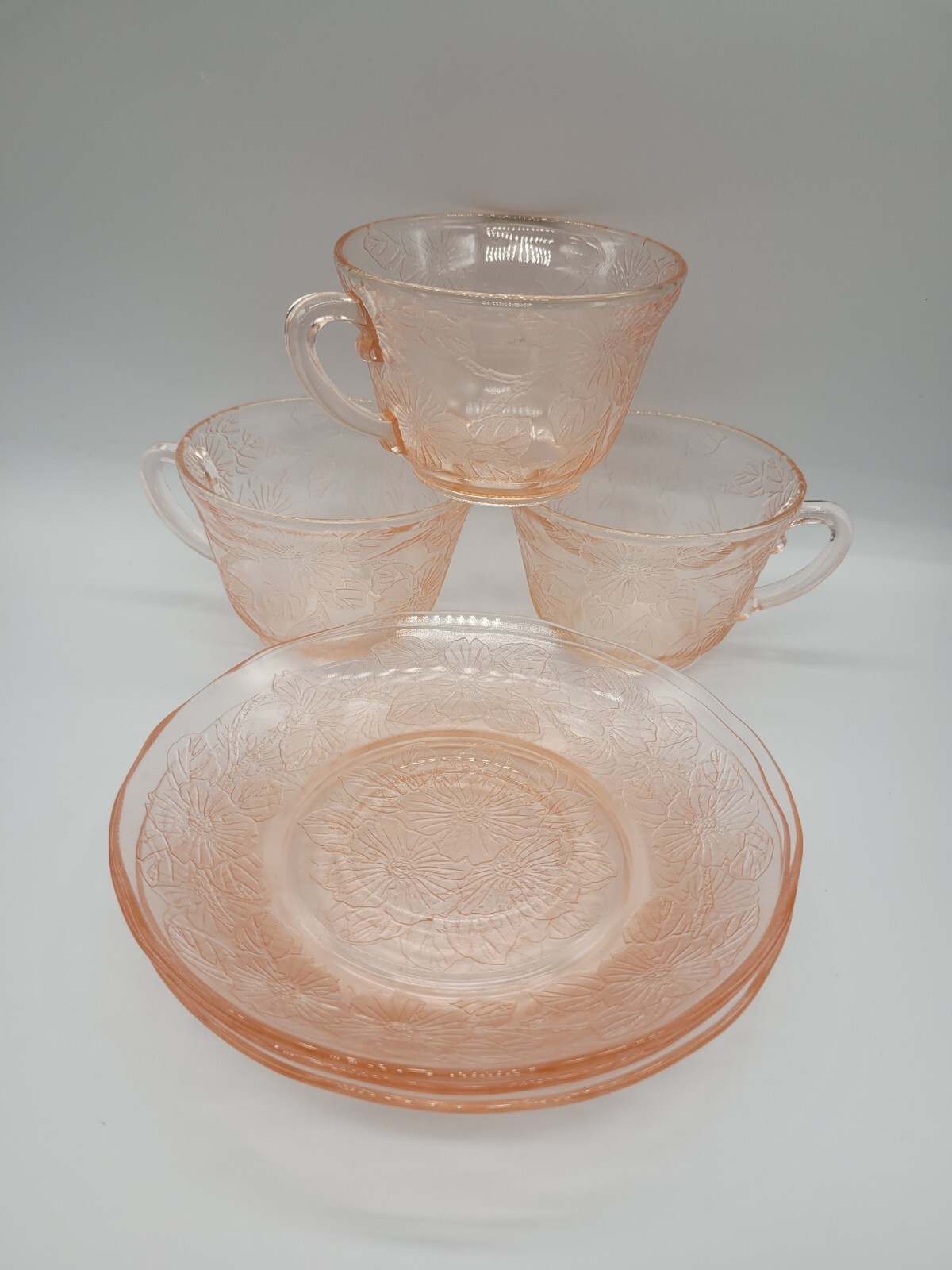 Set of 3 Pink Depression Glass Tea Cups & Saucers MacBethEvans DOGWOOD