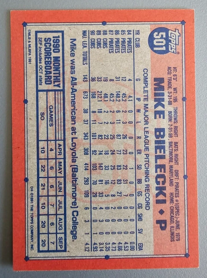 1991 Topps #501 Mike Bielecki Autographed Chicago Cubs Baseball Card - Signed - Image 2 of 2