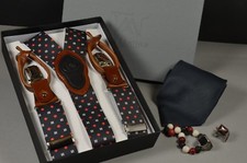 SUSPENDERS BLACK RED WHITE ELASTIC LEATHER DESIGN MEN SPAIN CLIP BUTTON T 9