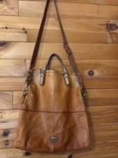 VTG FOSSIL Explorer Leather Foldover Messenger Bag Crossbody Strap Cognac Tan