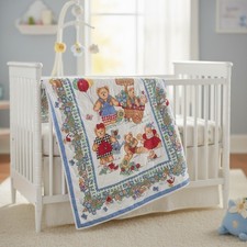 Vintage Teddy Bear Garden Quilted Baby Blanket Floral Picket Fence Nursery Blue