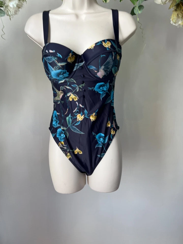 Traje de baño TED BAKER TB 2 UK 10 Rainnah azul marino floral ahuecado botón correas extraíbles Foto 2 de 4