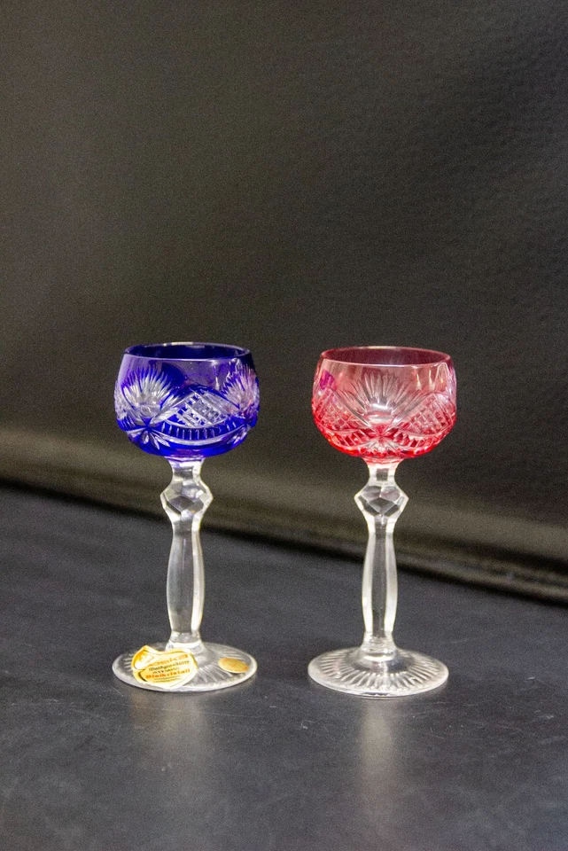 Joska 2 Stk Überfang Kristallglas Likörgläser Bleikristall Kobaltblau & Rosé - Bild 2 von 4