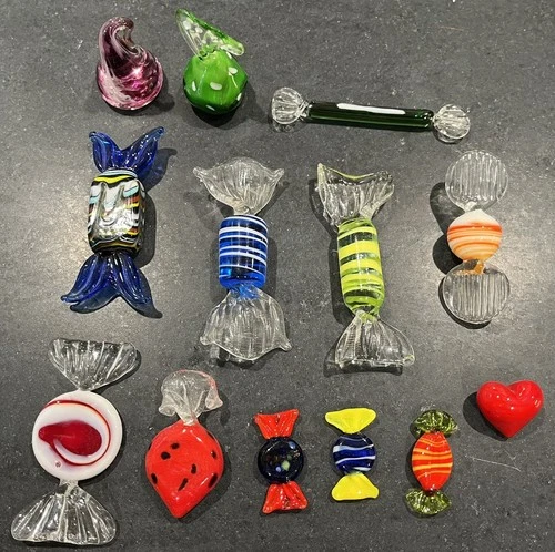 13 Pc Vintage Murano Italy Glass Candy Hand Blown Art Crystal Gumdrop Heart