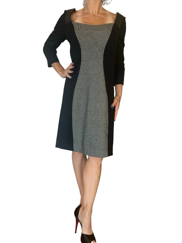 Teri Jon Sportswear Dress Houndstooth Black Wool Knit Leather Shift Sheath 8-10 - Image 2 of 4
