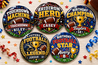 Personalisiertes American Football Geburtstagsabzeichen | Name & Alter | 38 mm oder 45 mm 58 mm