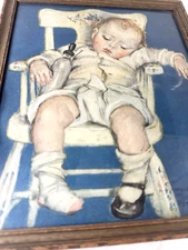 Vtg Maud Tousey Fangel Litho Print Sleeping Baby Chair Bottle Frame Diaper FrShp